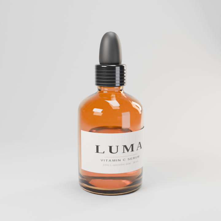 A photoreal 3D render of an amber serum bottle on a studio set. Drag to turn it any way you like.